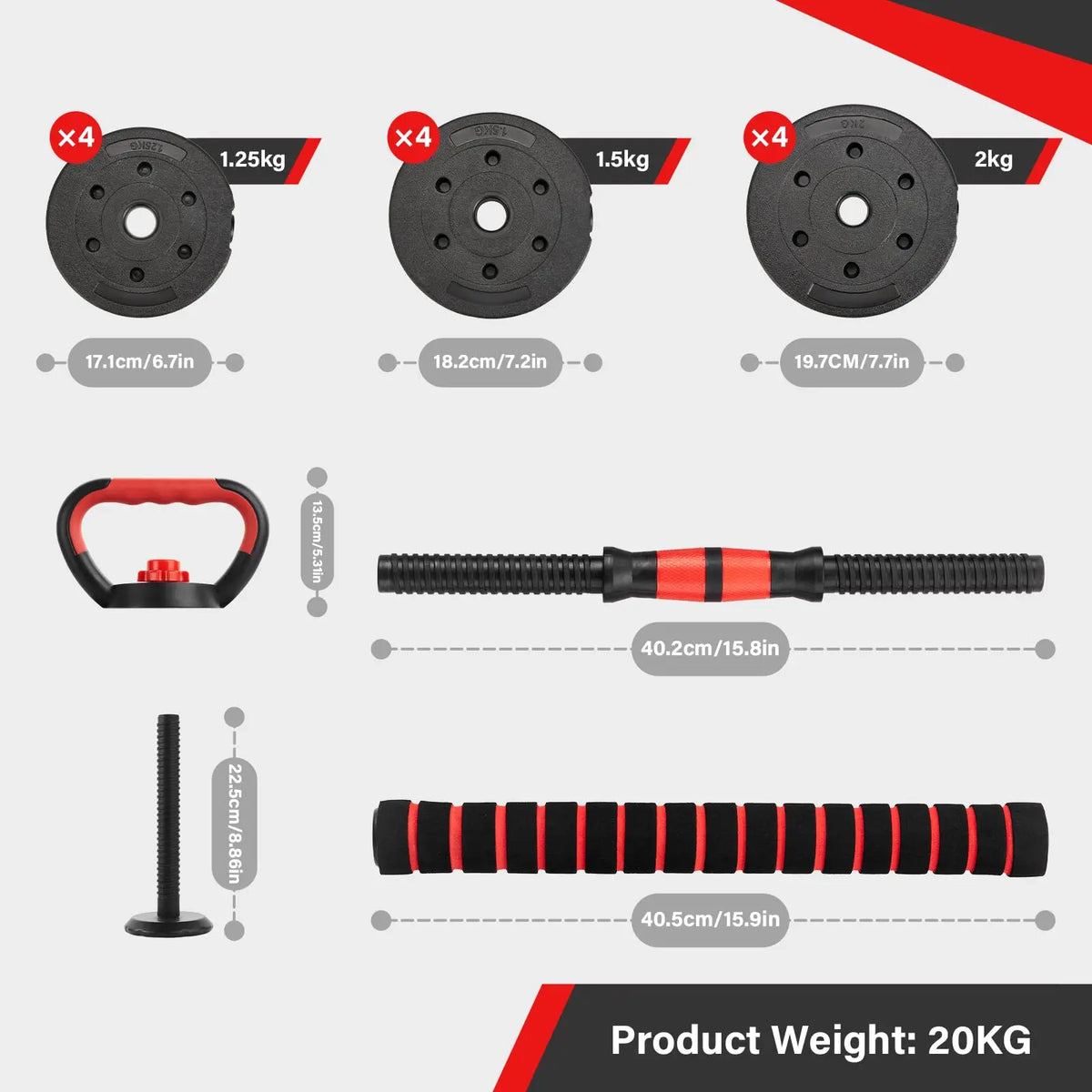 6 in 1 Adjustable Dumbbell Set 15kg 20kg 30kg Converts to Barbell Kettlebell and Push Up Rack Home Gym