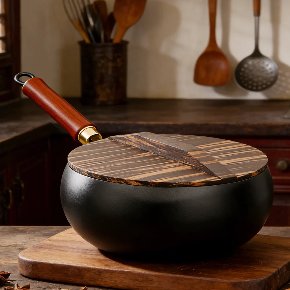 28cm Carbon Steel Wok with Wooden Lid and Beech Handle, Suitable for Induction and Gas