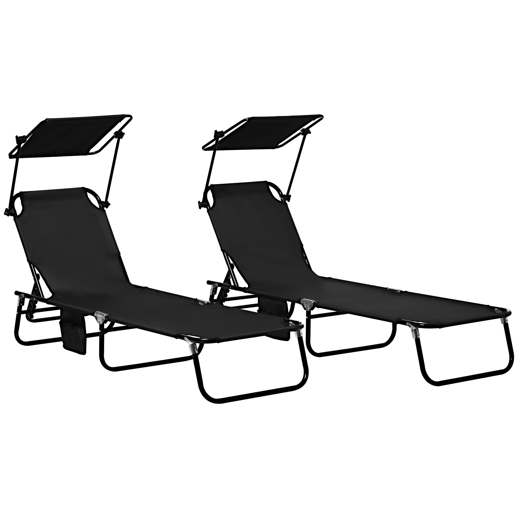 Set of 2 Folding Sun Loungers with Canopy, 5-Position Recline, Side Pocket and Breathable Mesh Fabric