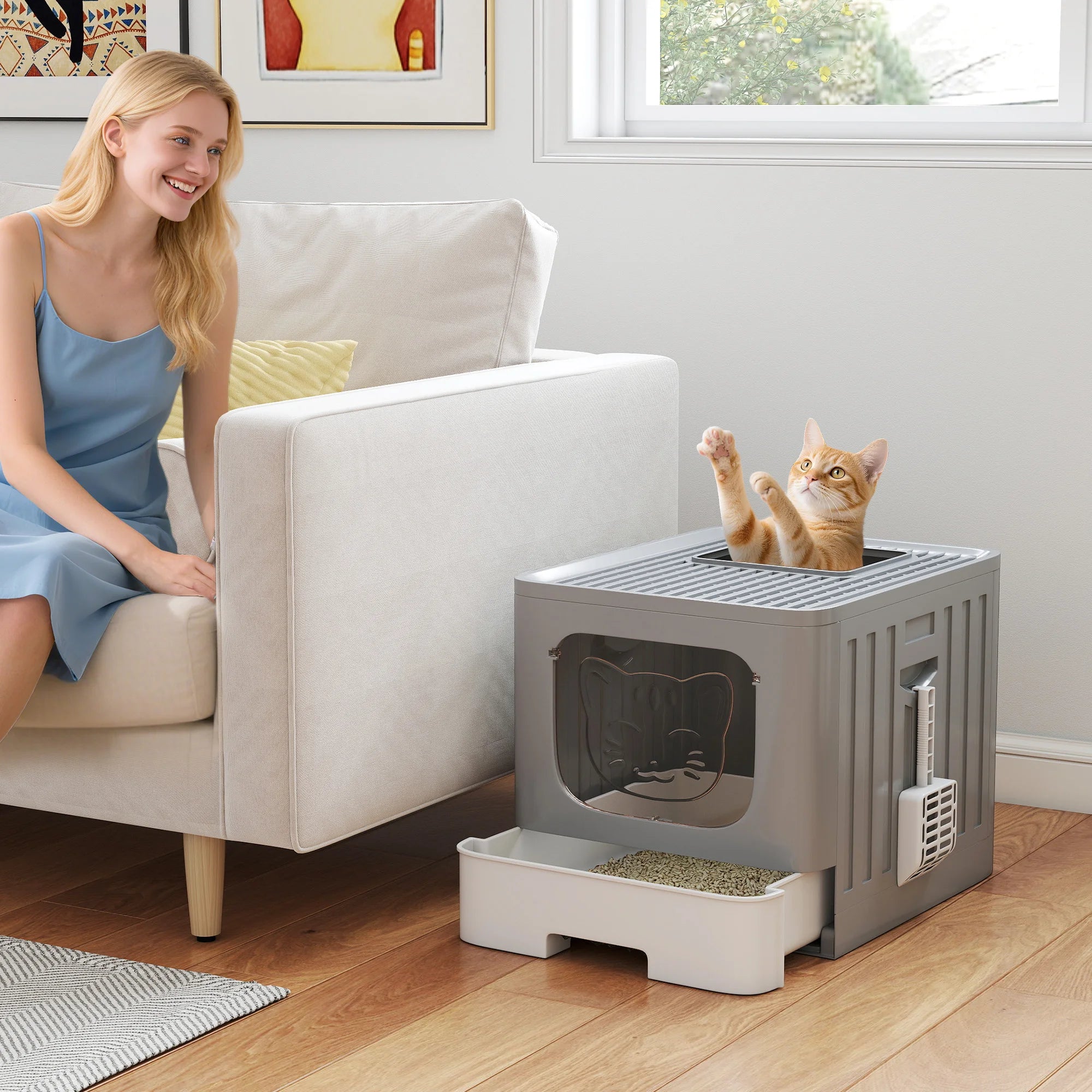 Foldable Hooded Cat Litter Box with Slide-Out Drawer Top Exit Grated Lid and Odour Control for Cats up to 5kg