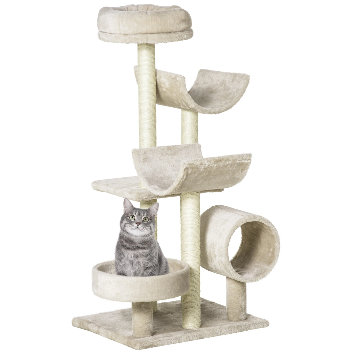 Cat Tree for Indoor Cats with Scratching Post, Perch & Tunnel, Beige