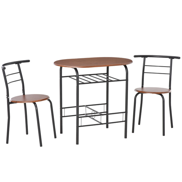 3 Piece Bar Table Set with 2 Stools and Storage Shelf Industrial Metal Frame Oak Tone MDF Water Resistant