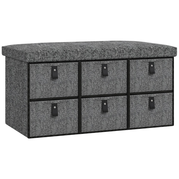 Shoe Bench with 6 Fabric Drawers Padded Seat 76.5x38x38cm Linen Look MDF 120kg Capacity Dark Grey
