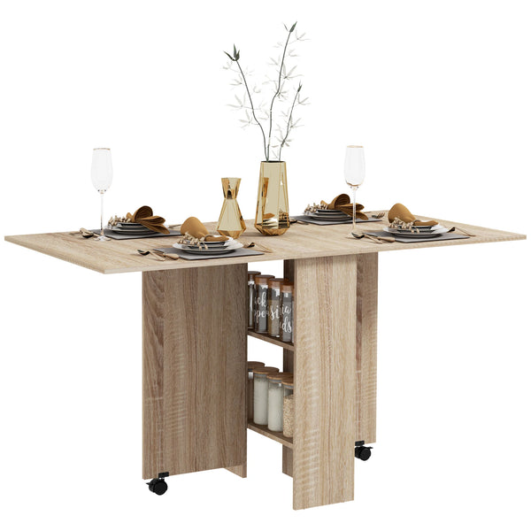 Mobile Drop Leaf Dining Table, Folding Table with 2 Wheels, Natural
