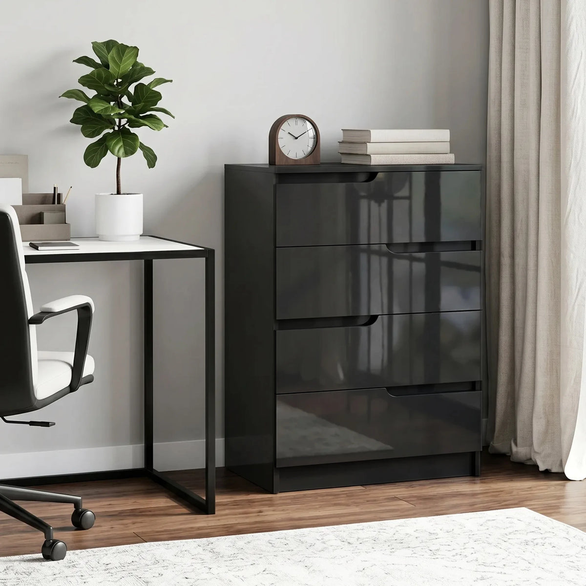 High Gloss 4-Drawer Chest of Drawers, 60 x 40 x 85cm, Black