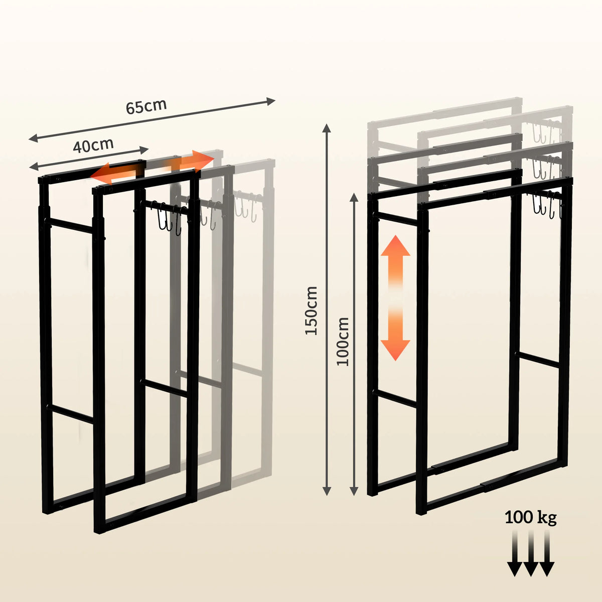 Adjustable Metal Log Store Rack with Hooks, 100–150cm, Black