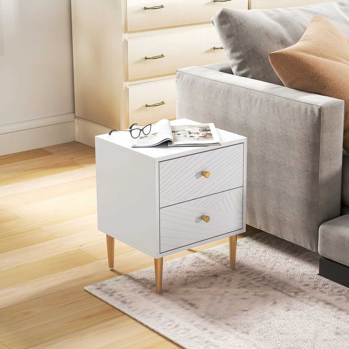 Modern Bedside Table with Drawer, Side Table with Metal Legs, White