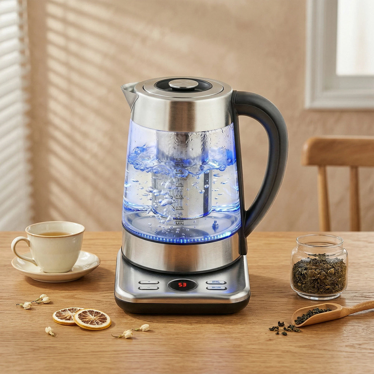 1.7L Glass Electric Kettle with Temperature Control and Tea Infuser, 3kW