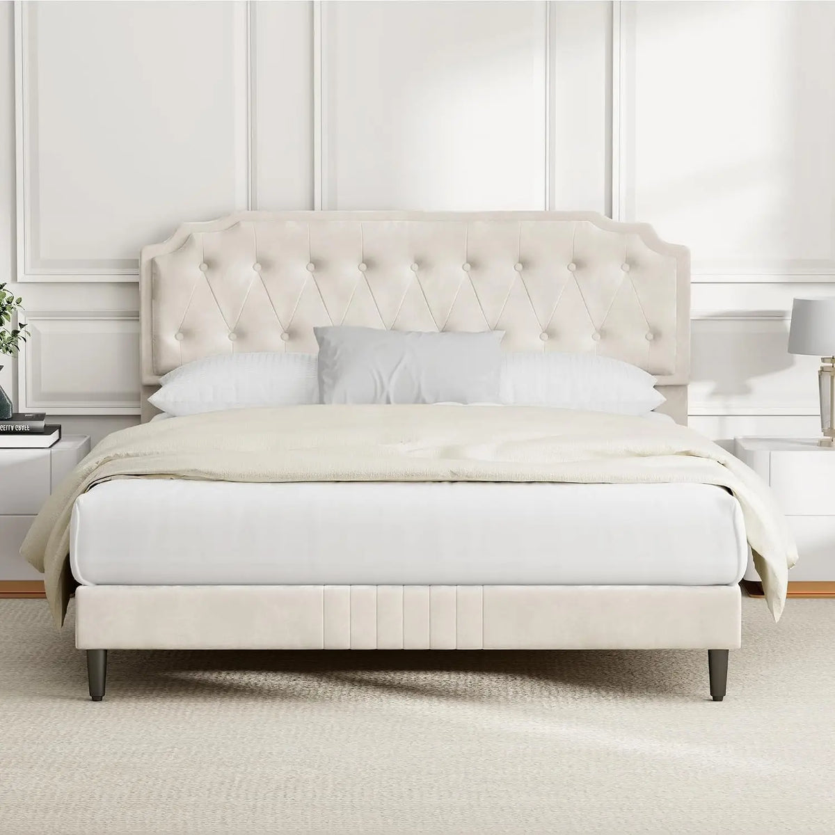 Chelsey Upholstered Bed Frame with Button Tufted Headboard, Fixed-Height Design, No Box Spring Needed