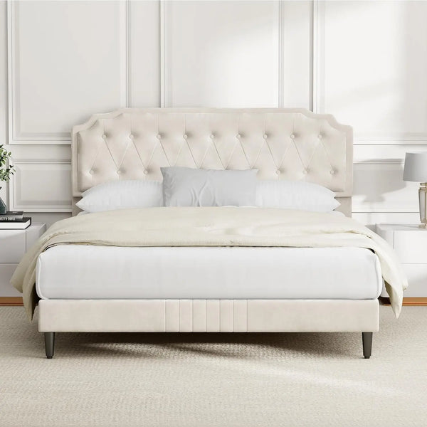 Chelsey Upholstered Bed Frame with Button Tufted Headboard, Fixed-Height Design, No Box Spring Needed