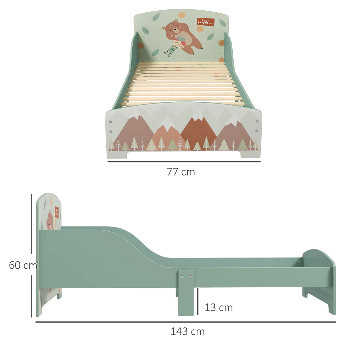 Toddler Bed Frame with Animal Design and Side Rails, 143 x 77cm, Green
