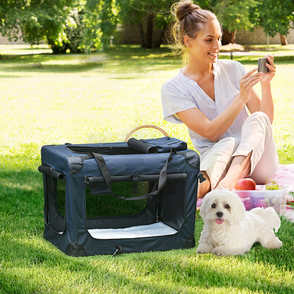 60cm Folding Soft Pet Carrier for Small Dogs and Cats with Cushion and Storage Bags, Dark Blue