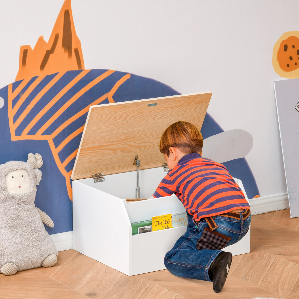 Kids Wooden Toy Box with Book Slot and Gas Hinge Lid MDF Storage Chest with Vents White and Wood Effect