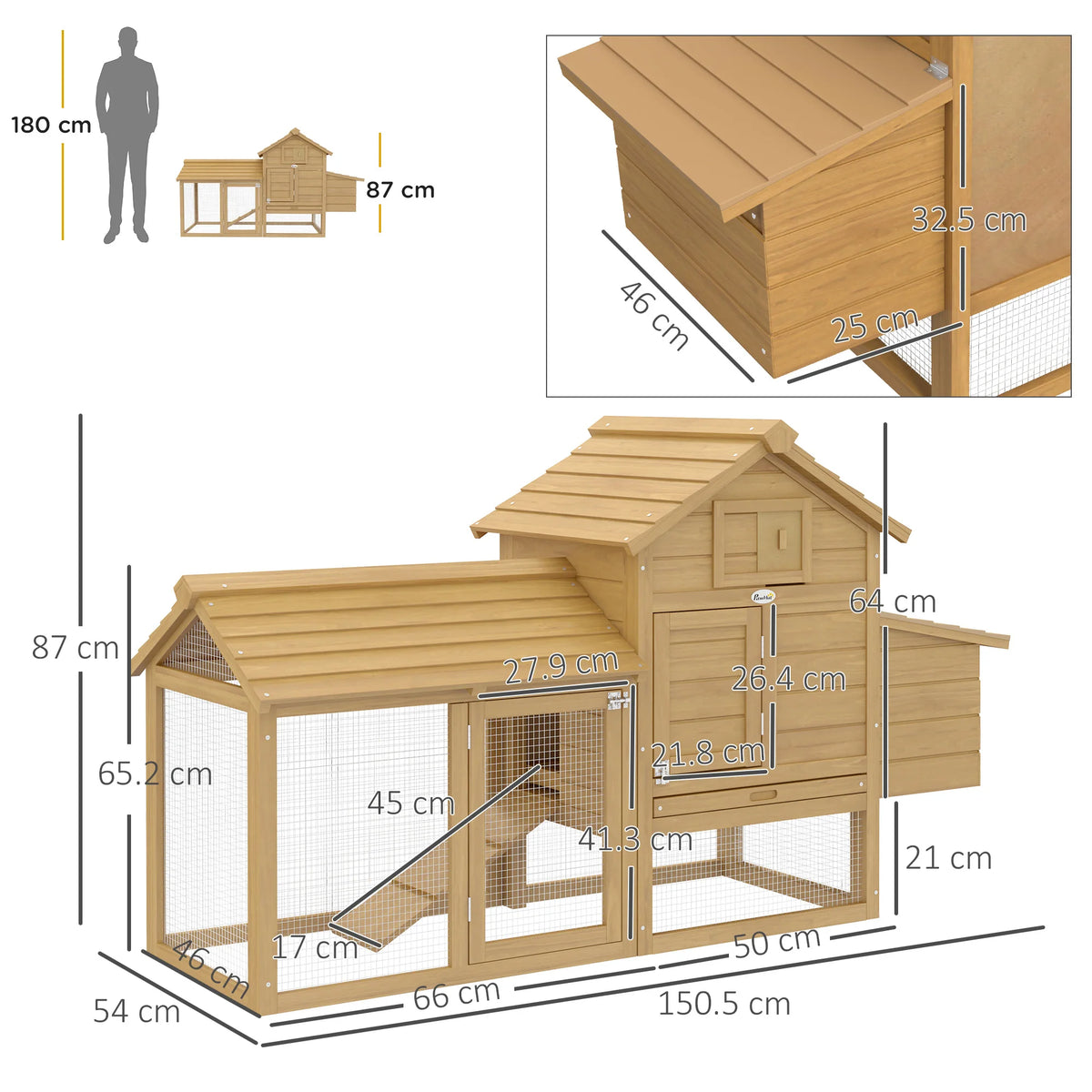 Chicken Coop with Run 150.5x54x87cm Fir Wood Hen House with Nesting Box Ramp and Slide Out Dropping Tray