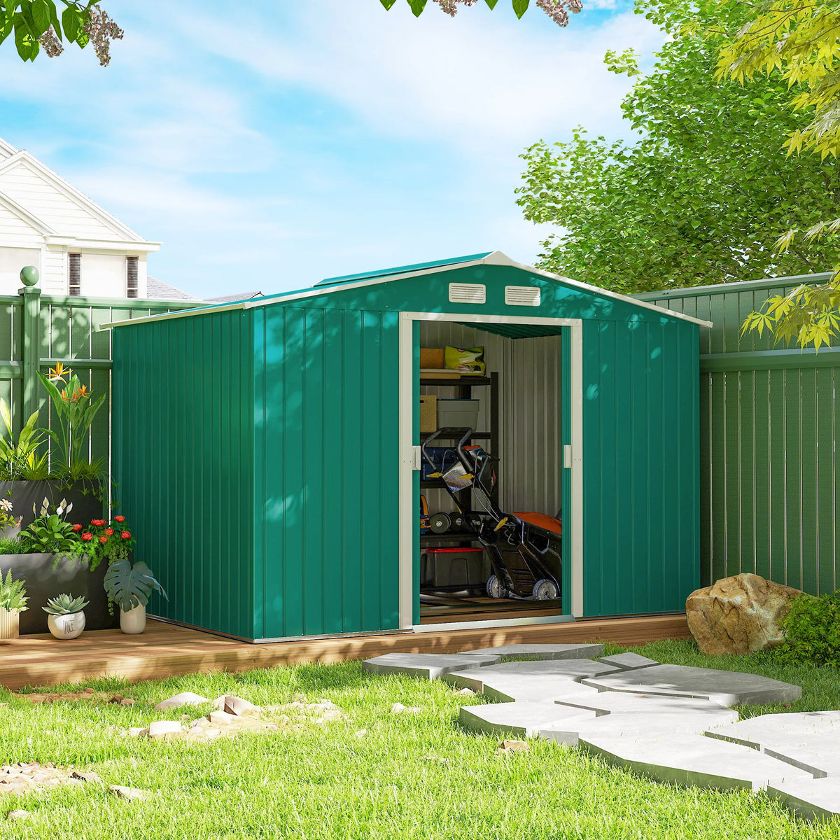 9 x 6ft Metal Garden Shed with Lockable Sliding Doors and Foundation Kit, Green
