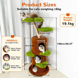 BINGOPAW Green Multi-Level Cat Tree Tower 61x148cm Sisal Scratching Post Plush Cave for Multiple Cats