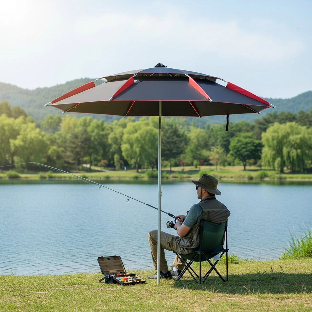 Large Double-Layer Beach and Fishing Umbrella, Portable Garden Parasol, Red
