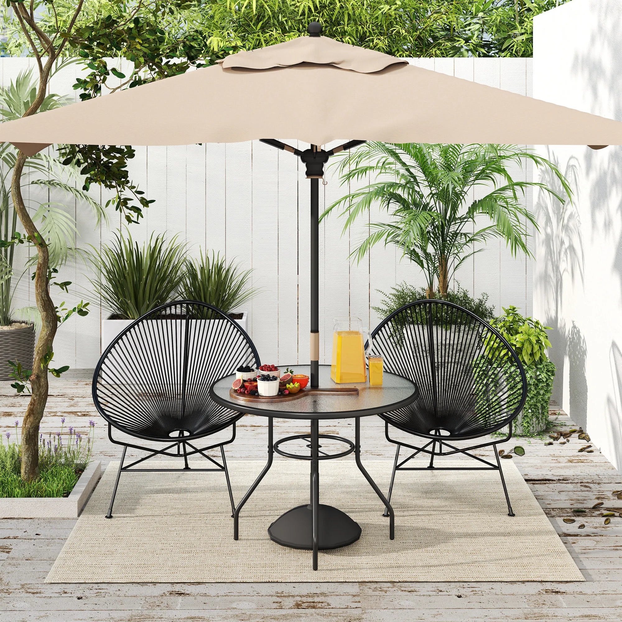 Round Outdoor Dining Table 100cm Tempered Glass Top with Parasol Hole Steel Frame Garden Patio Bistro Table