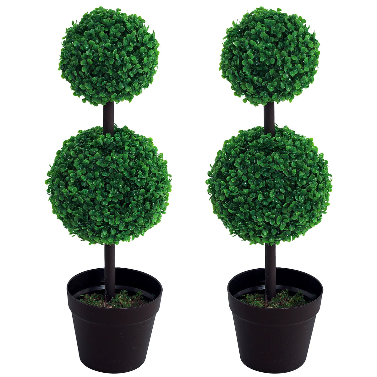 Set of 2 Artificial Double Ball Topiary Trees 23x67cm with Cement Filled Pots Faux Plants Green