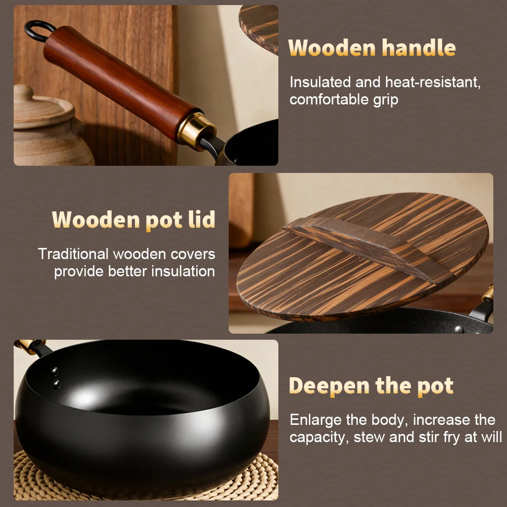28cm Carbon Steel Wok with Wooden Lid and Beech Handle, Suitable for Induction and Gas