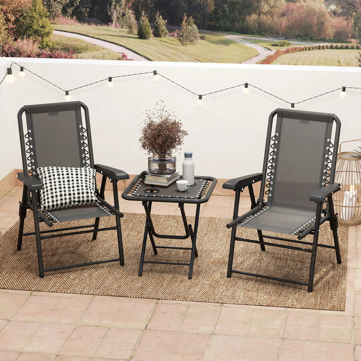3 Piece Garden Bistro Set, Folding Table and Chairs with Cup Holders, Dark Grey