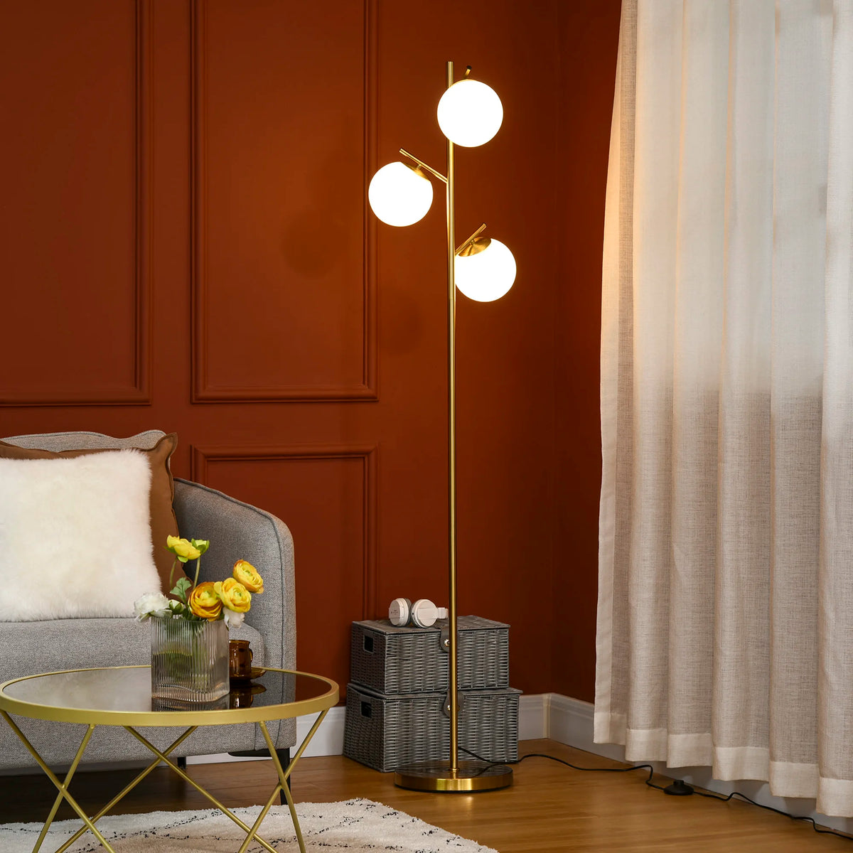 Modern 3-Light Globe Floor Lamp with Frosted Glass Shades and Foot Switch