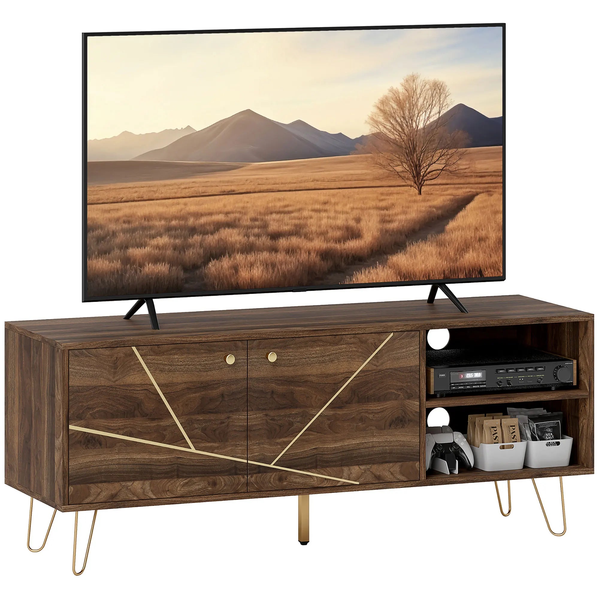 130cm TV Cabinet Unit with Adjustable Shelves, Gold-Tone Detail, Hairpin Legs and Cable Management