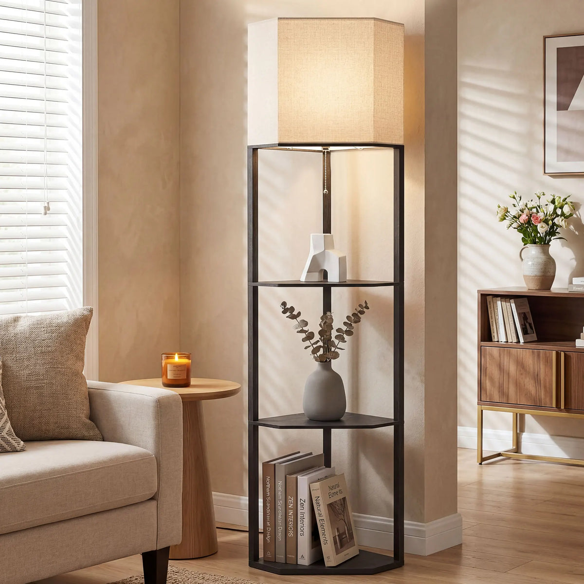 Corner Floor Lamp with 3 Shelves and Fabric Shade, Black