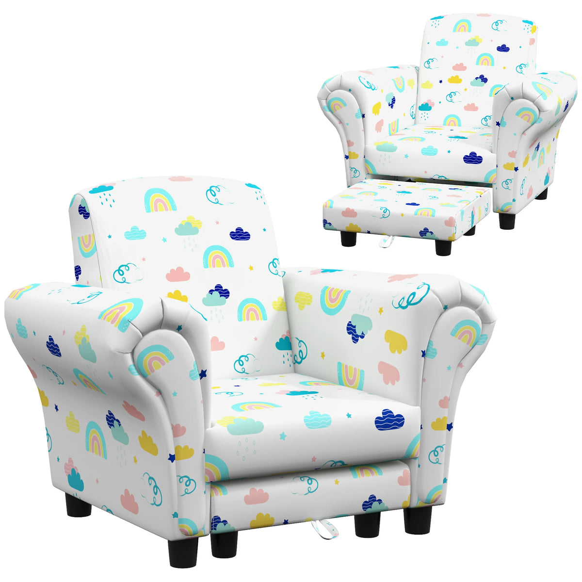 2 Piece Kids Sofa Set Armchair with Tuck Away Stool Dinosaur Print Wooden Frame for Ages 1.5-3 Years