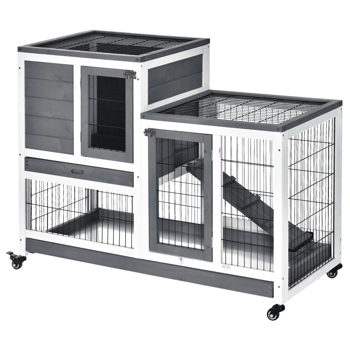 Indoor Rabbit Hutch Elevated 2 Tier Bunny Cage with Enclosed Run Ramp 4 Wheels and Removable Trays