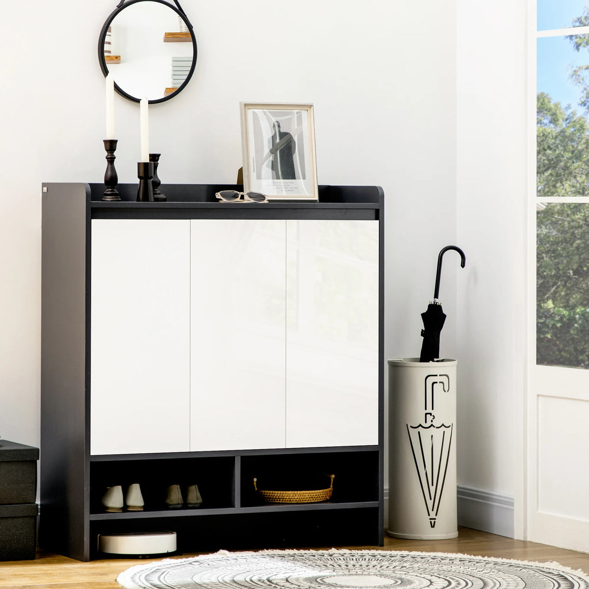 Shoe Storage Cabinet for 19 Pairs with High Gloss Doors 3 Adjustable Shelves and Open Compartments White