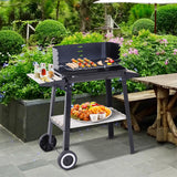 Charcoal BBQ Grill Trolley with Adjustable Height 4 Levels Wind Shield 2 Shelves Enamel Coated Garden Outdoor