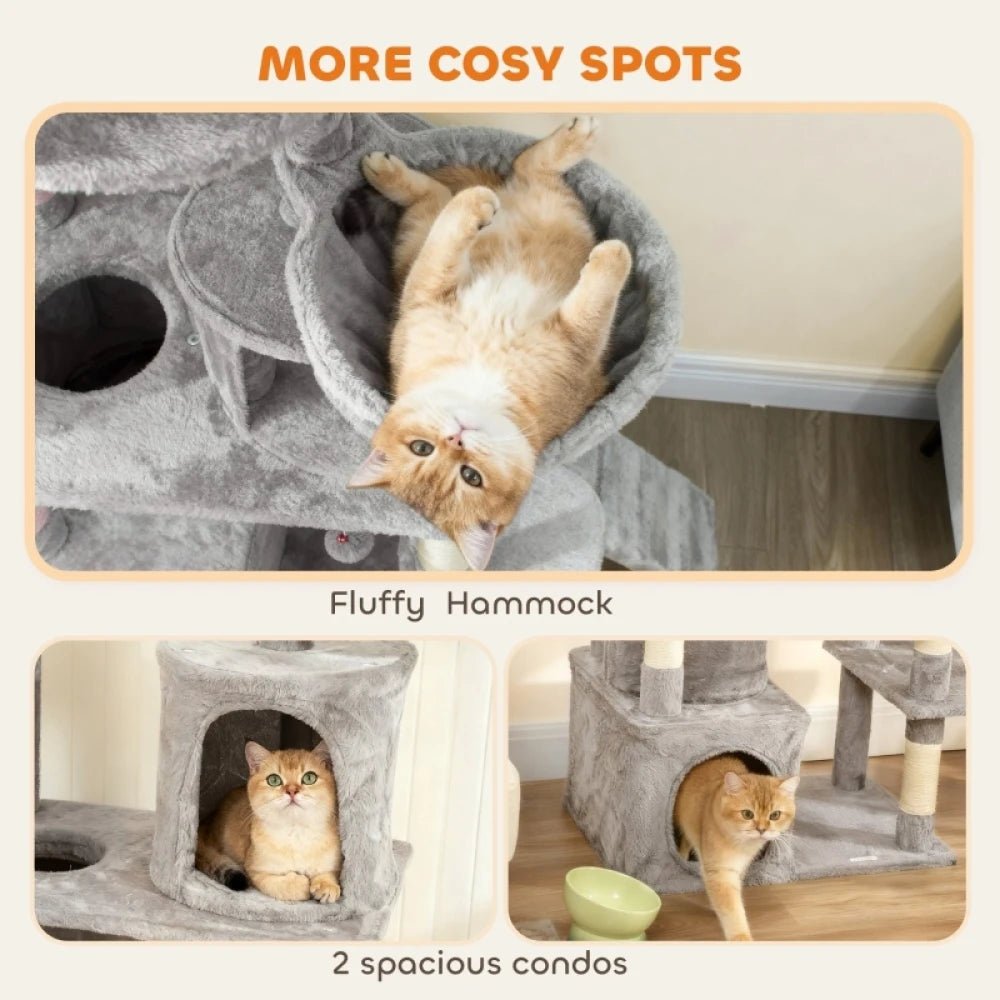 PINGGO 170cm Large Cat Tree Tower 7 Scratching Posts 2 Condos Hammock Light Grey