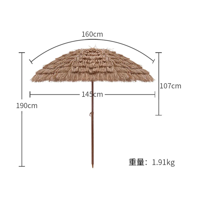 6.23ft/1.9m Thatched Tiki Beach Umbrella, Height Adjustable Natural Garden Patio Umbrella, 8 Ribs