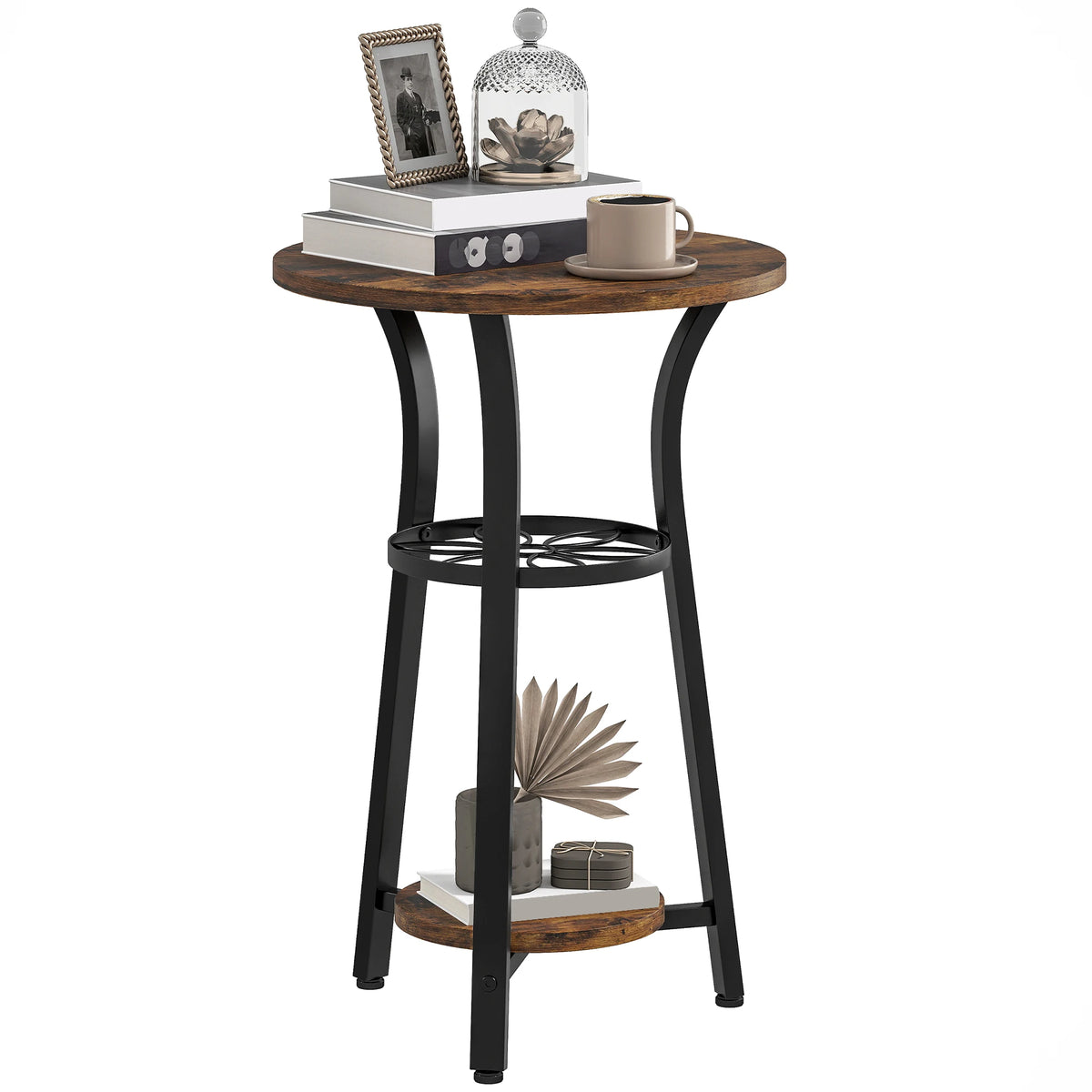 3-Tier Small End Table, Industrial 38cm Round Side Table, Rustic Brown