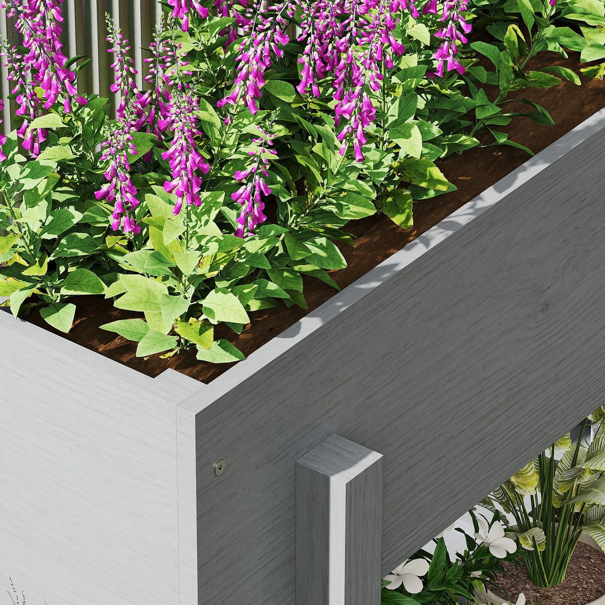 Wooden Raised Garden Bed with Bed Liner, Storage Shelf, Gray