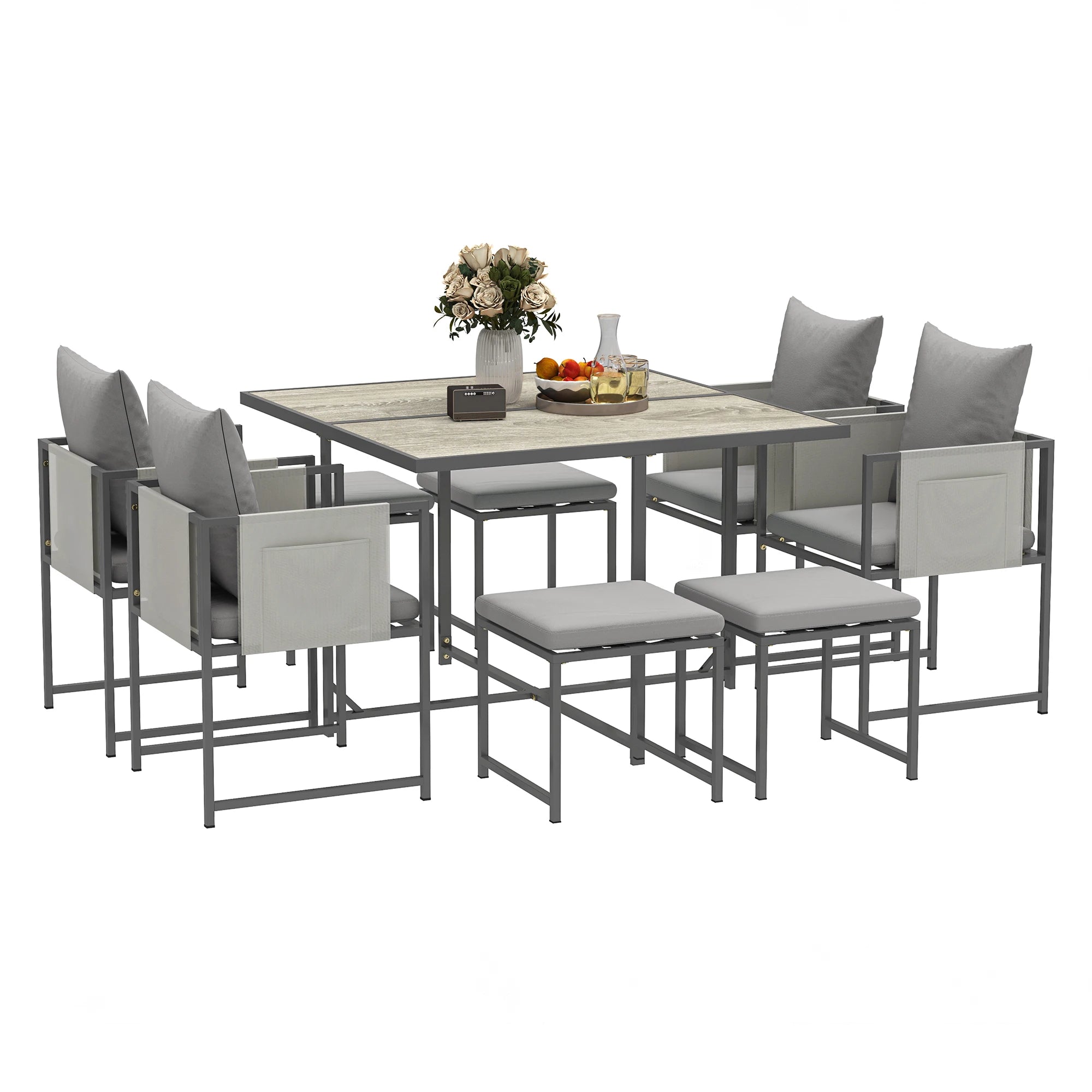 Outsunny 9-Piece Garden Dining Set | 8-Seater Cube Outdoor Furniture with Cushions & Footstools