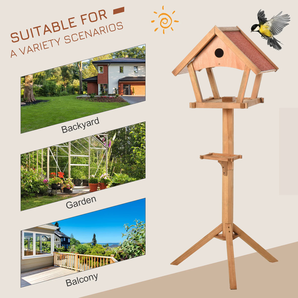 Wooden Bird Feeder Stand 49x45x139cm Fir Wood with 2 Platforms Nesting Space and Asphalt Roof Natural