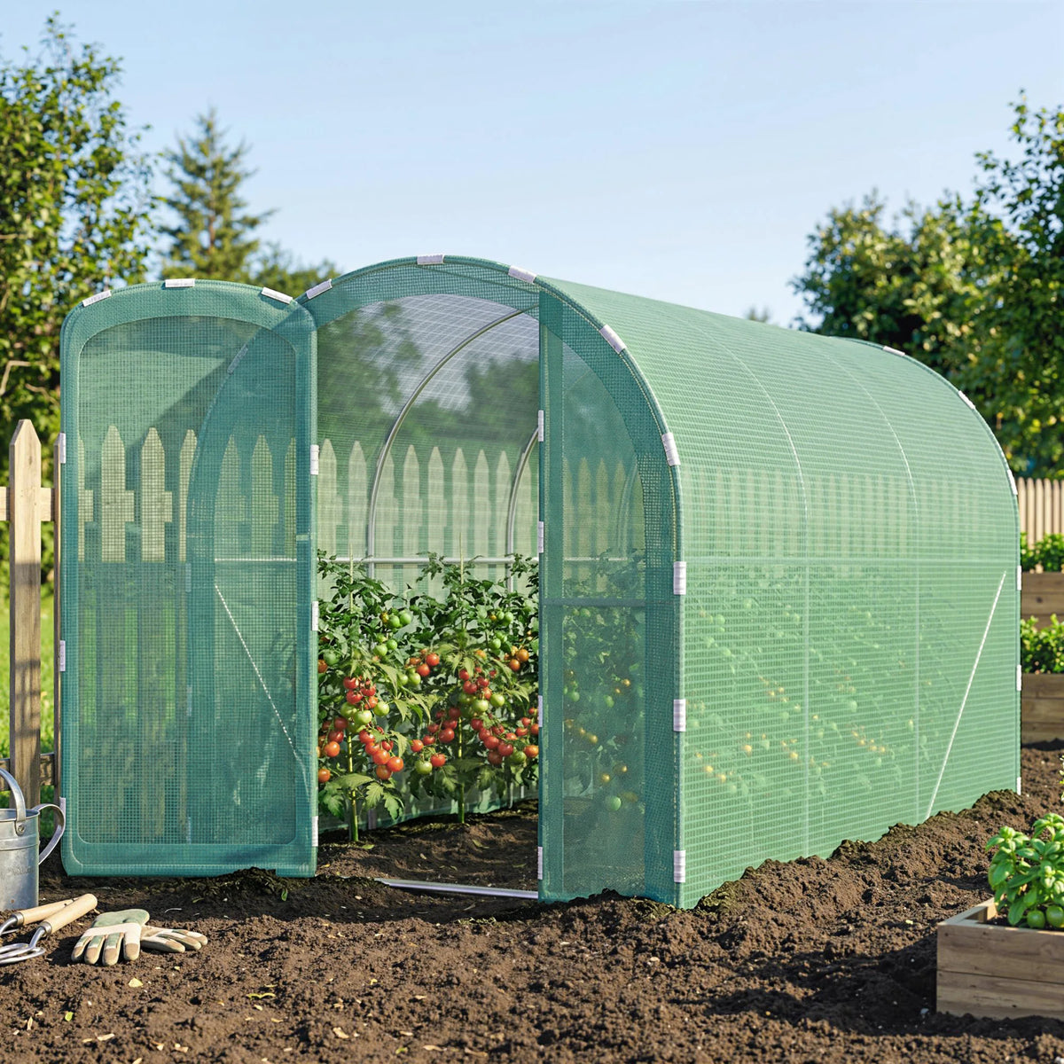 Walk-In Polytunnel Greenhouse with Hinged Door, 3 x 2 x 2m, Green