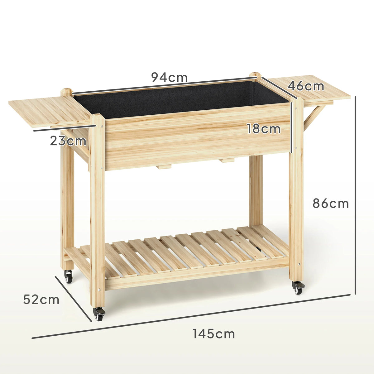 Raised Bed Planter on Wheels with 2 Lift Up Side Tables Fabric Liner 5 Drainage Holes Fir Wood Natural