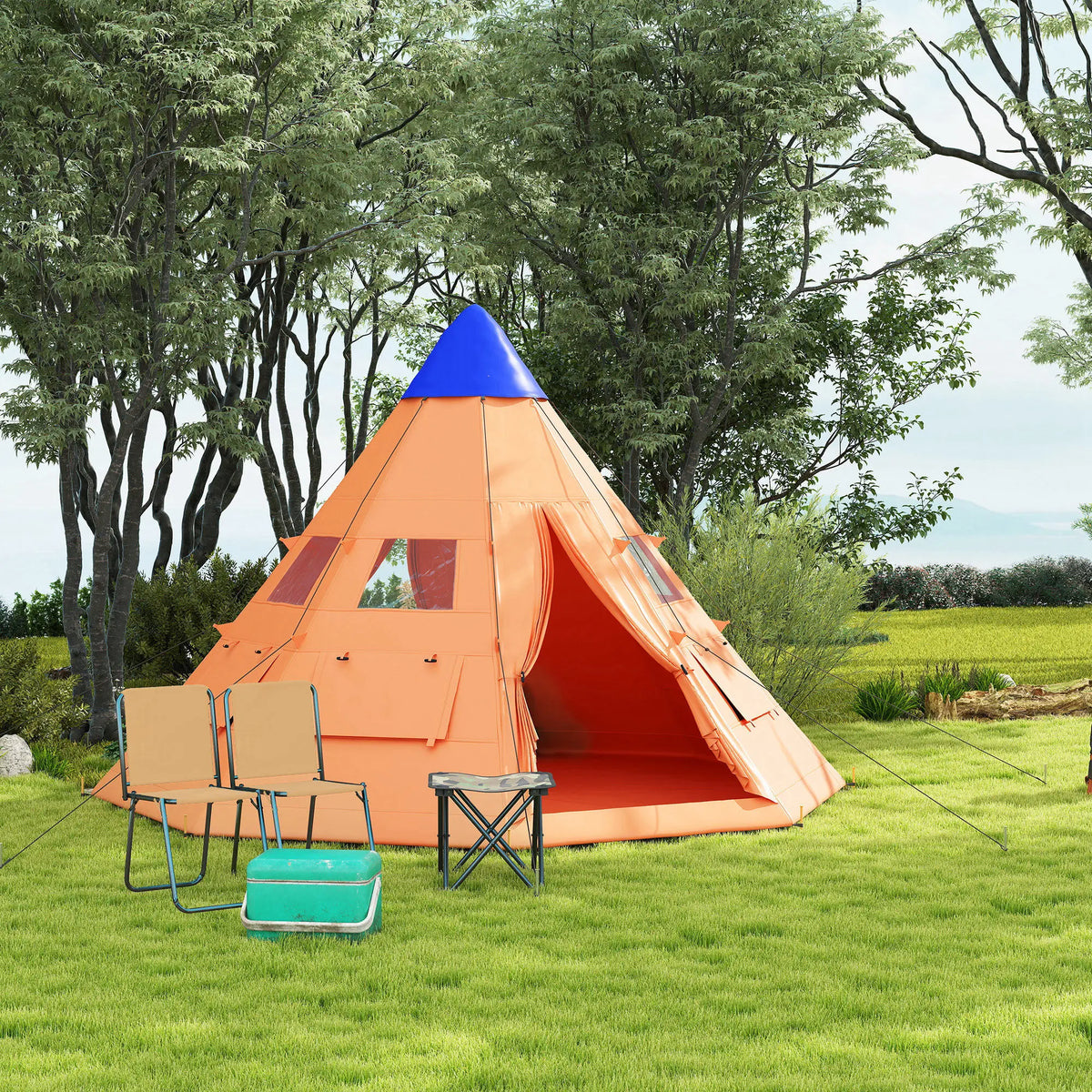 6 Person Tipi Tent with Mesh Windows and Zipped Door, Orange