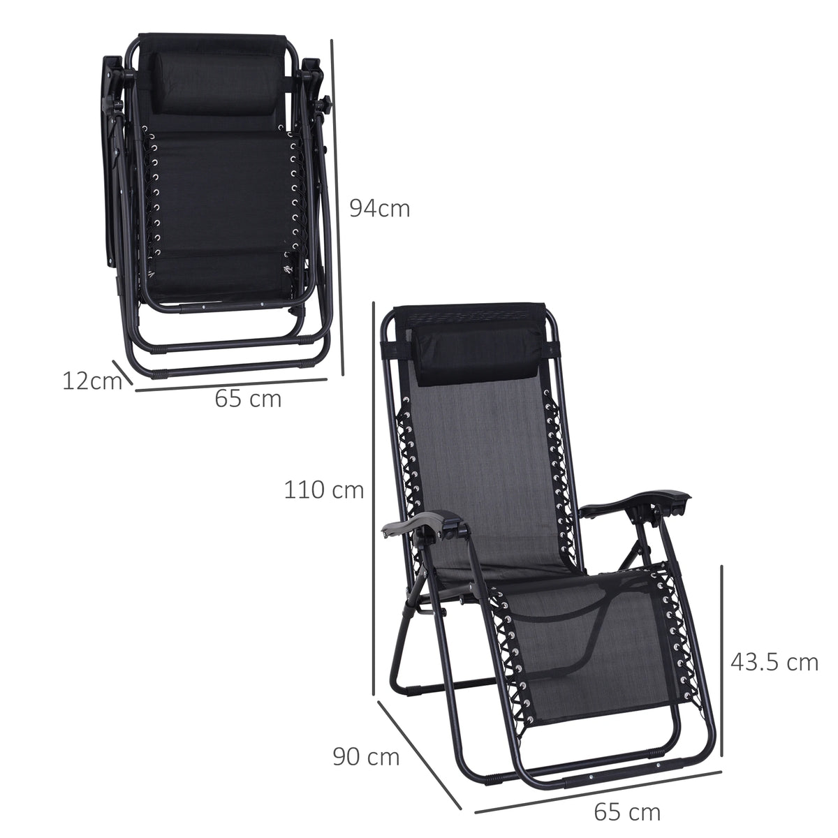 Zero Gravity Chair, Metal Frame Texteline Armchair, Outdoor Folding and Reclining Sun Lounger, Black