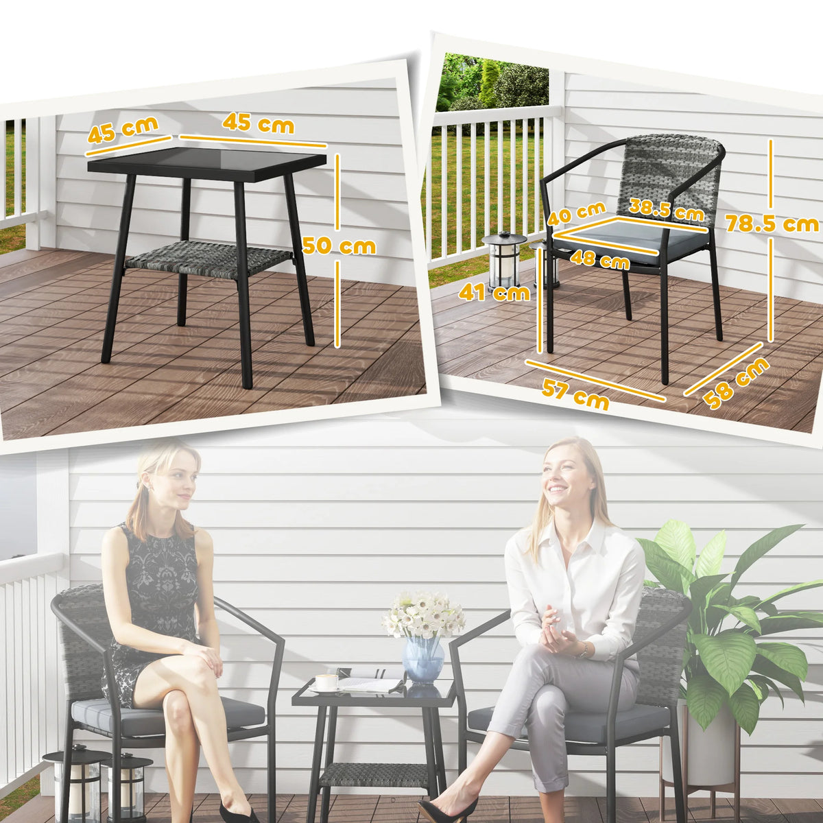3 PCS Rattan Bistro Set with Cushions Glass Top Coffee Table and Chairs