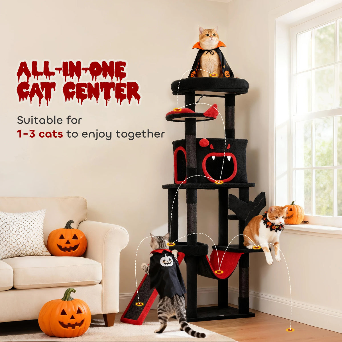 152cm Gothic Cat Tree Halloween Coffin Bed Large Condo Multi Level Black Red