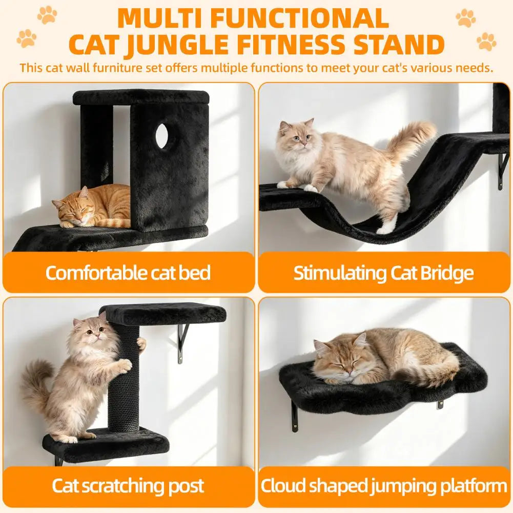 6 in 1 Cat Wall Shelves Wall Mounted Floating Furniture Bed Scratching Post Perch Bridge Condo Black