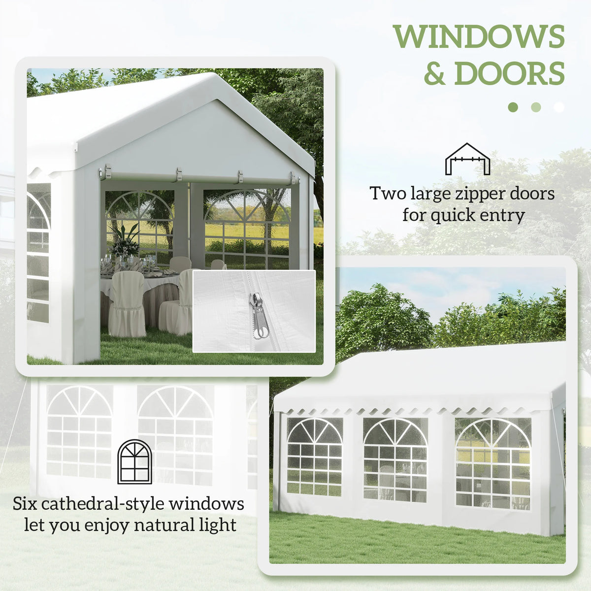 Garden Gazebo 4x6m Carport Shelter with Removable Sidewalls Double Zipper Doors and 6 Church Windows Cream