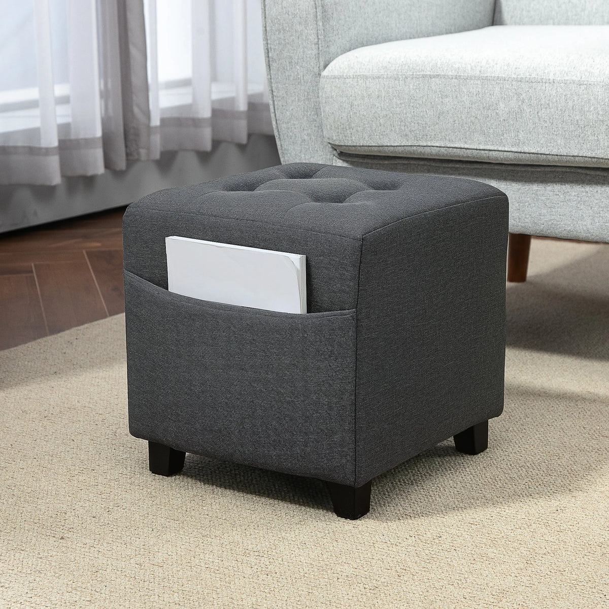 Small Footstool Square Ottoman with Padded Seat for Living Room, Grey