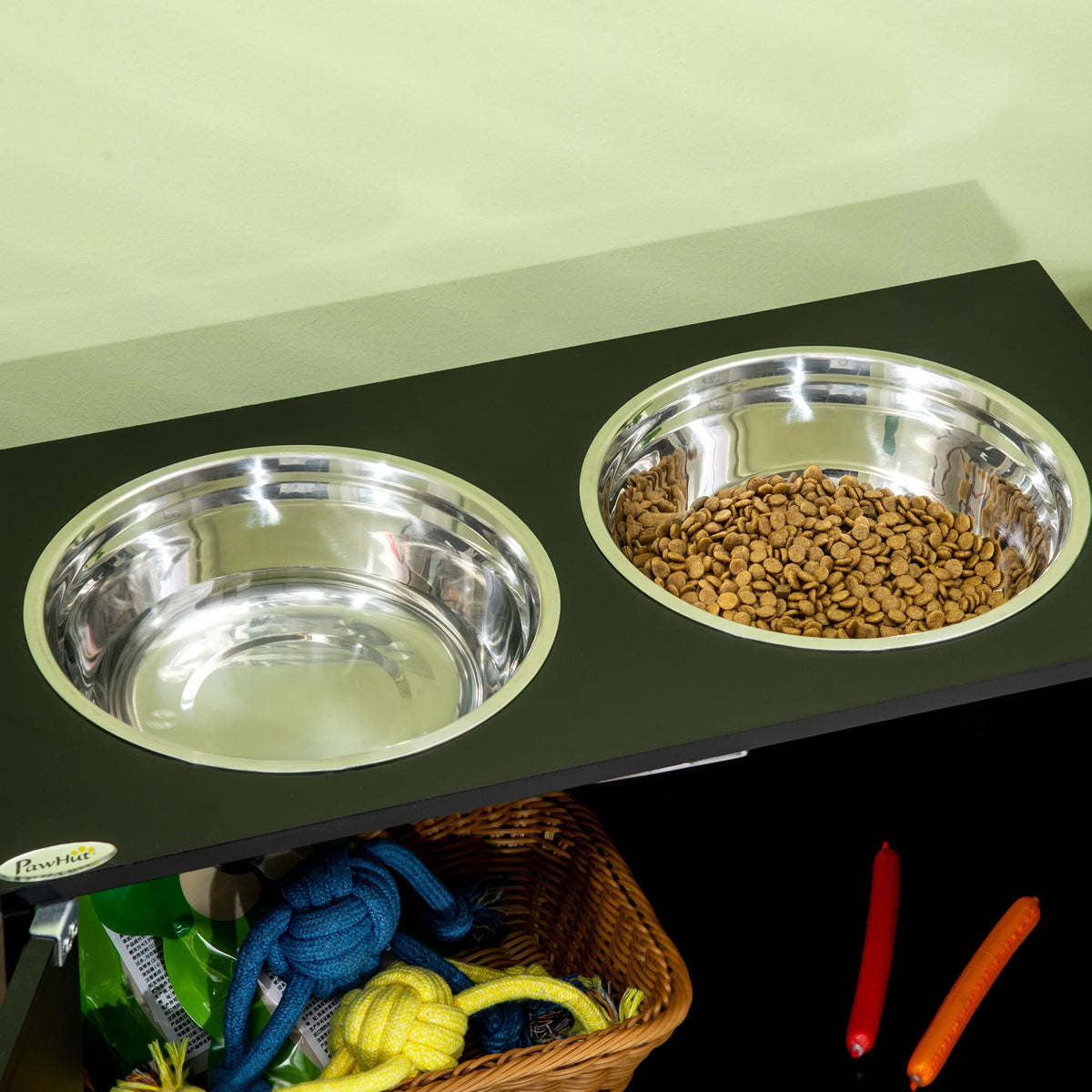 Raised Dog Feeding Station with Storage Cabinet and Stainless Steel Bowls