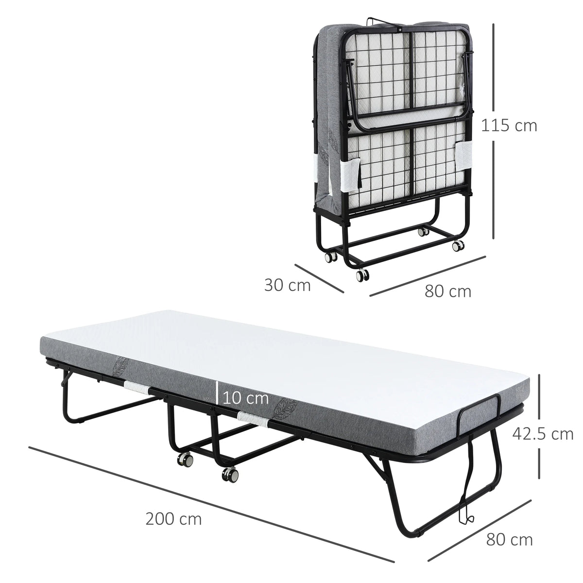 Folding Guest Bed with 10cm Mattress and Lockable Wheels, Single 200 x 80 cm, White