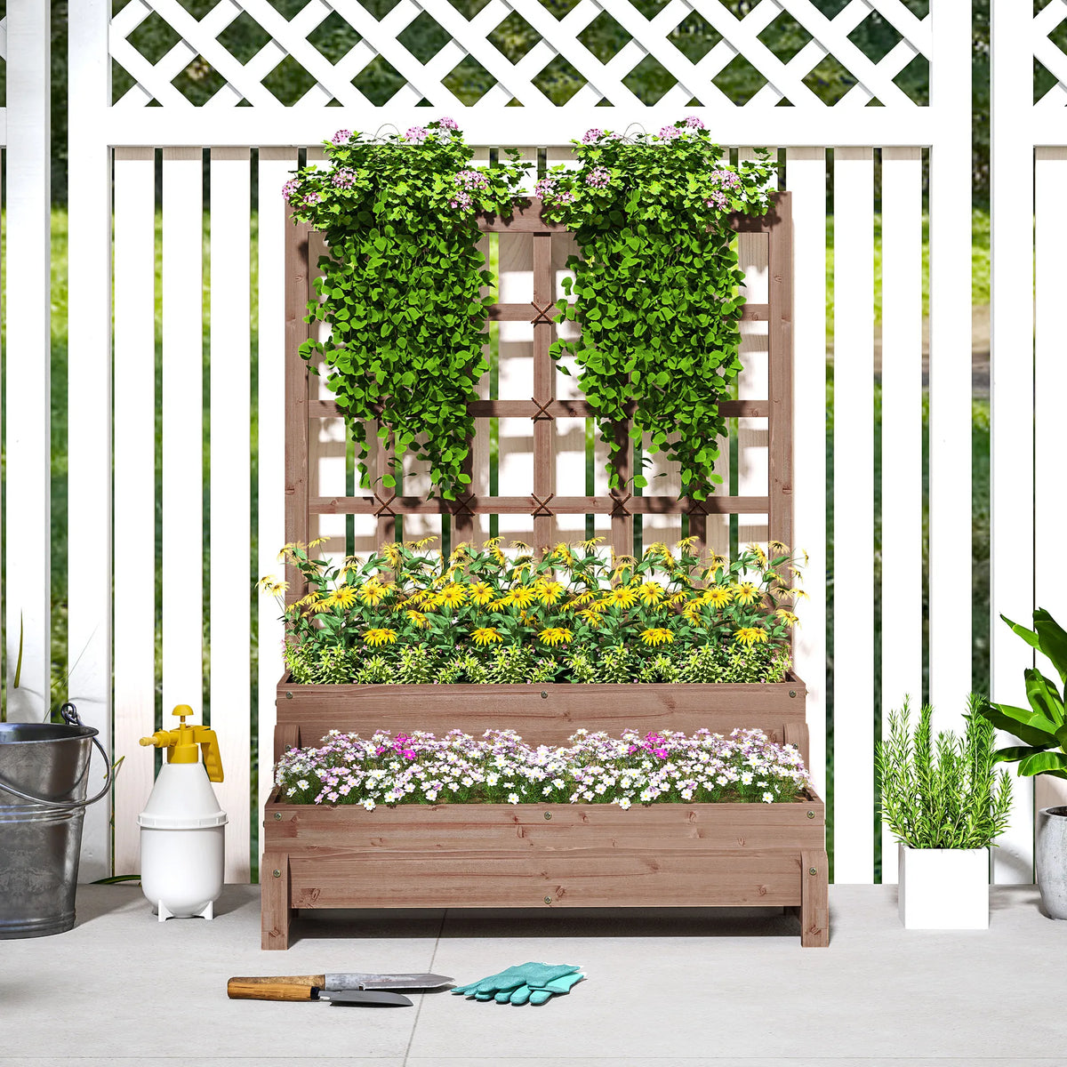 2-Tier Wooden Raised Flower Bed with Trellis and Drainage Holes, Brown